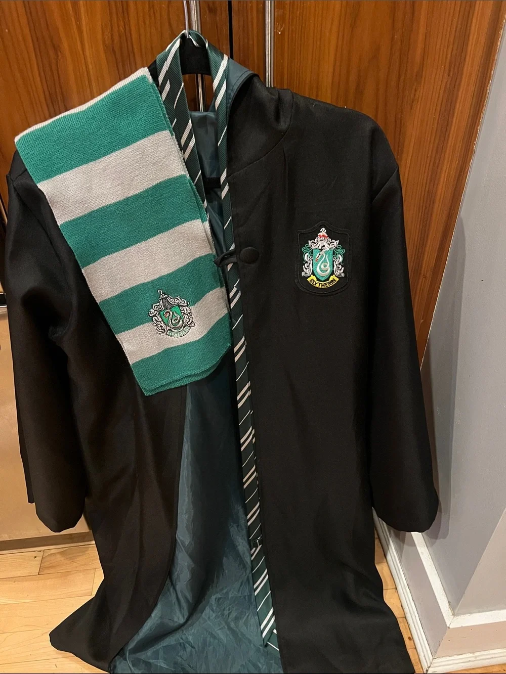Slytherin-Inspired Kids Black Coat with Green Stripe Scarf worn once, adult Sz M